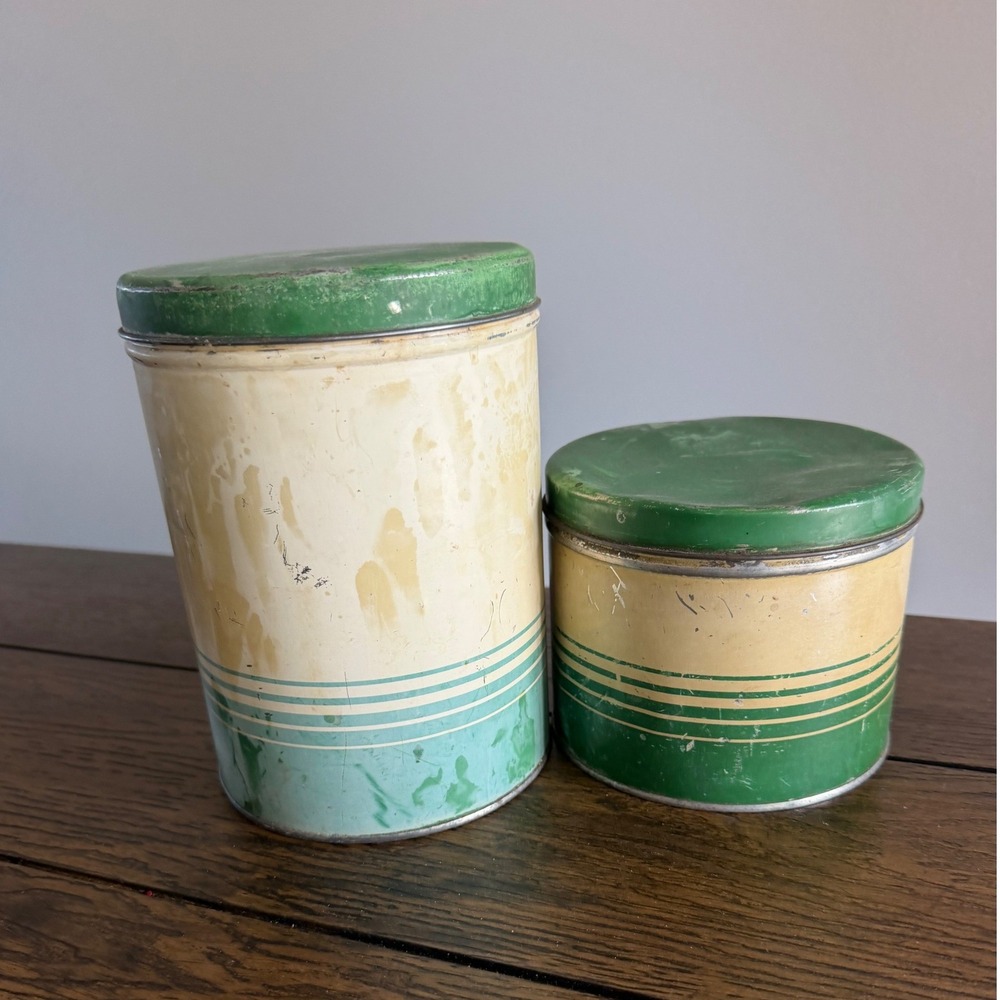 General Can Co Canister Set Coffee tin Green Vintage Art Deco Striped Tins